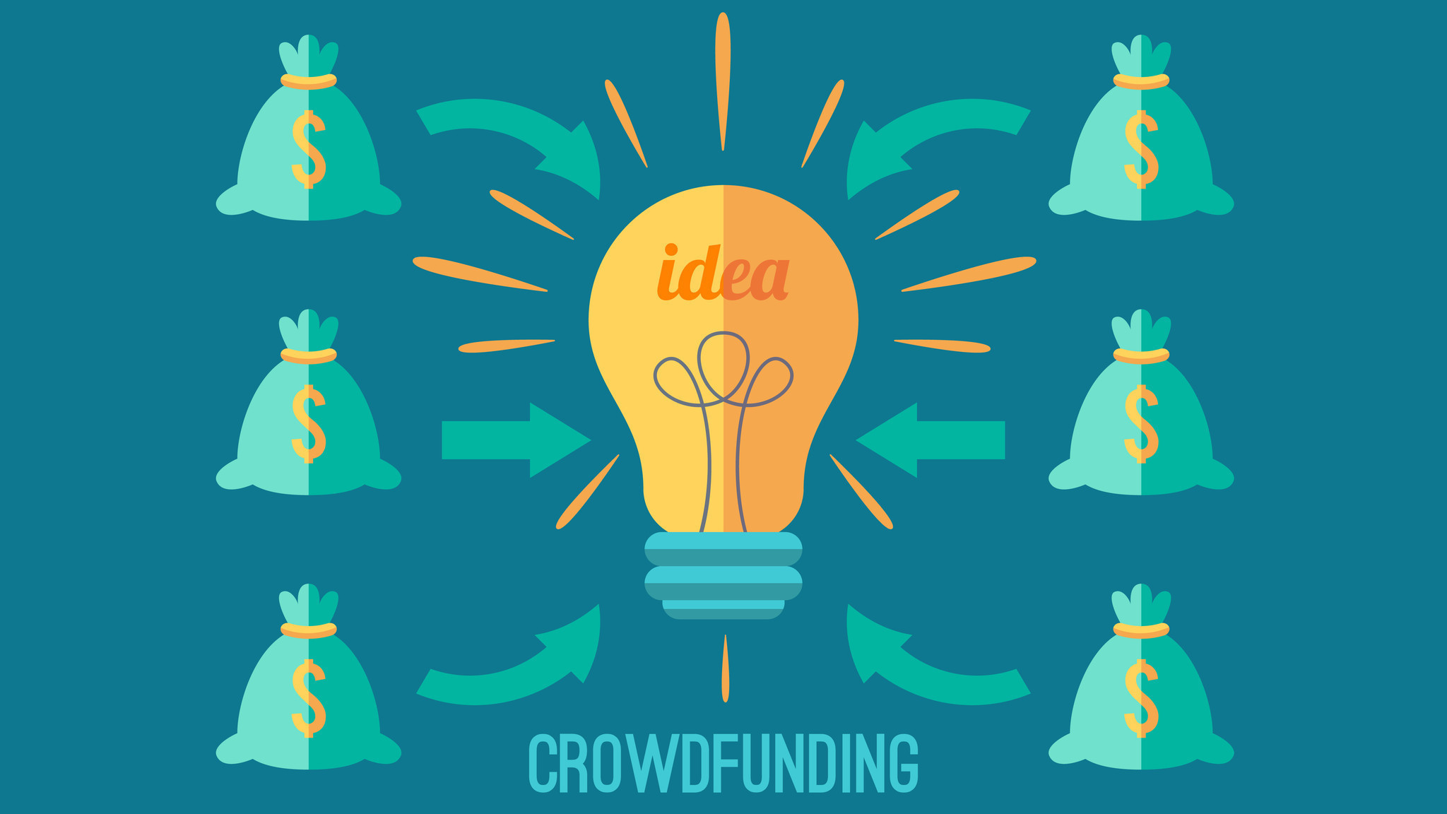Ilustração alusiva ao Crowdfunding, Tem uma lâmpada de ideias no meio com vários sacos de dinheiro a volta com setas para a lâmpada