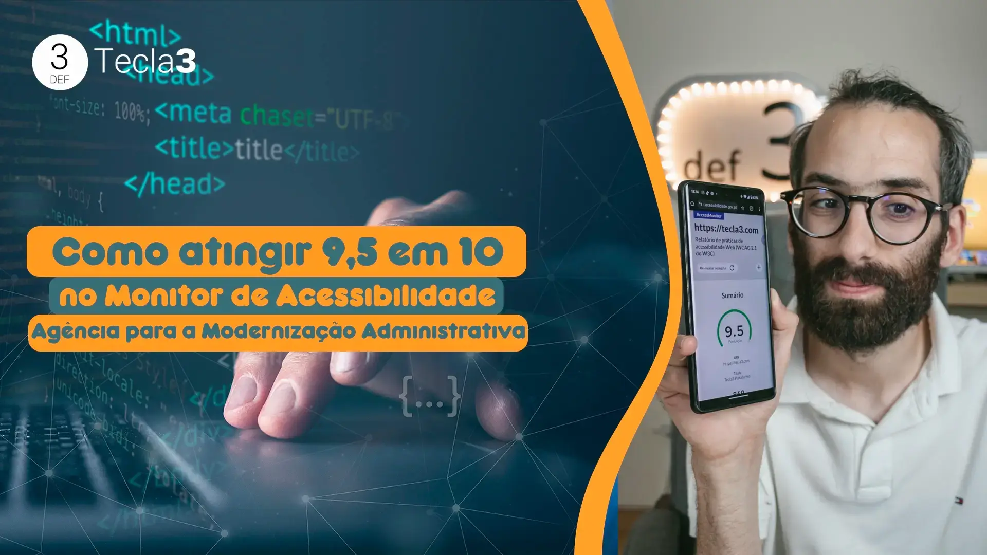 Homem segurar um smartphone. Ao lado, há elementos gráficos de linhas de código e um logo da Tecla3
