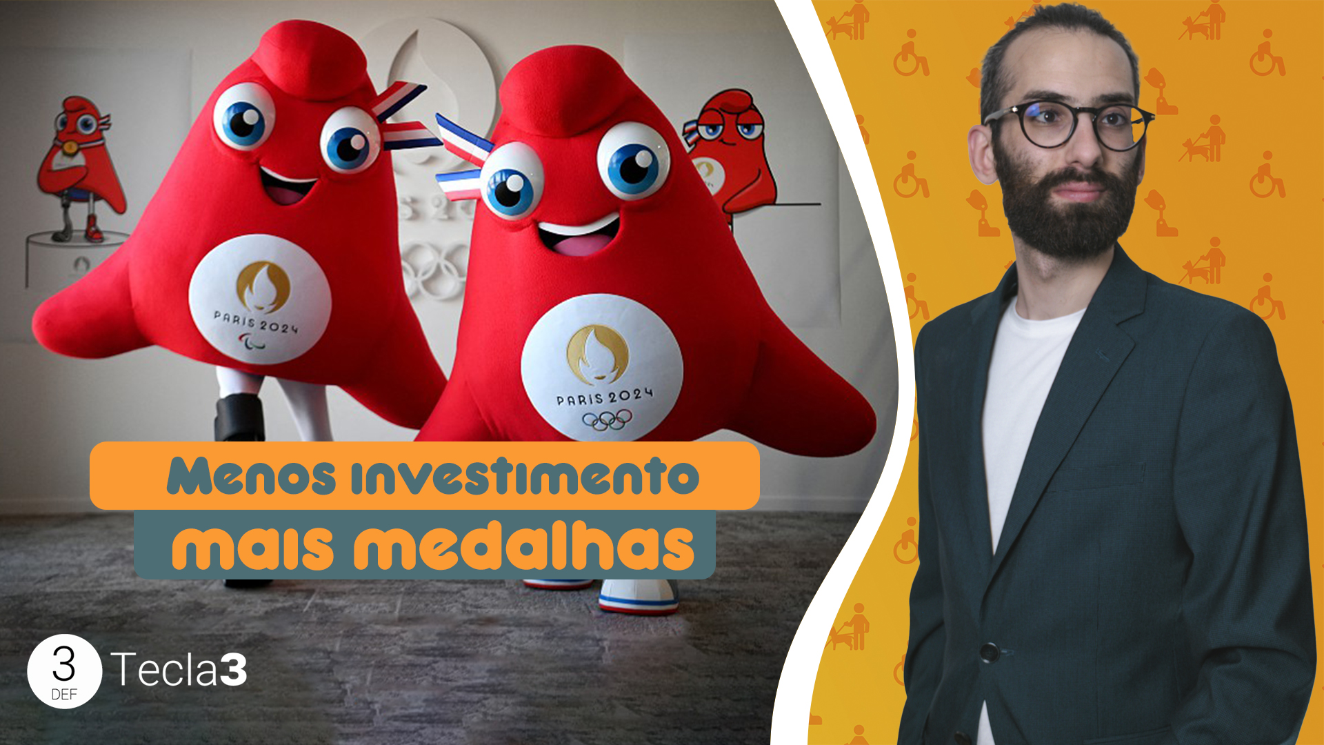 As duas mascotes dos Jogos Olímpicos de Paris 2024, ao lado de um homem fundo laranja