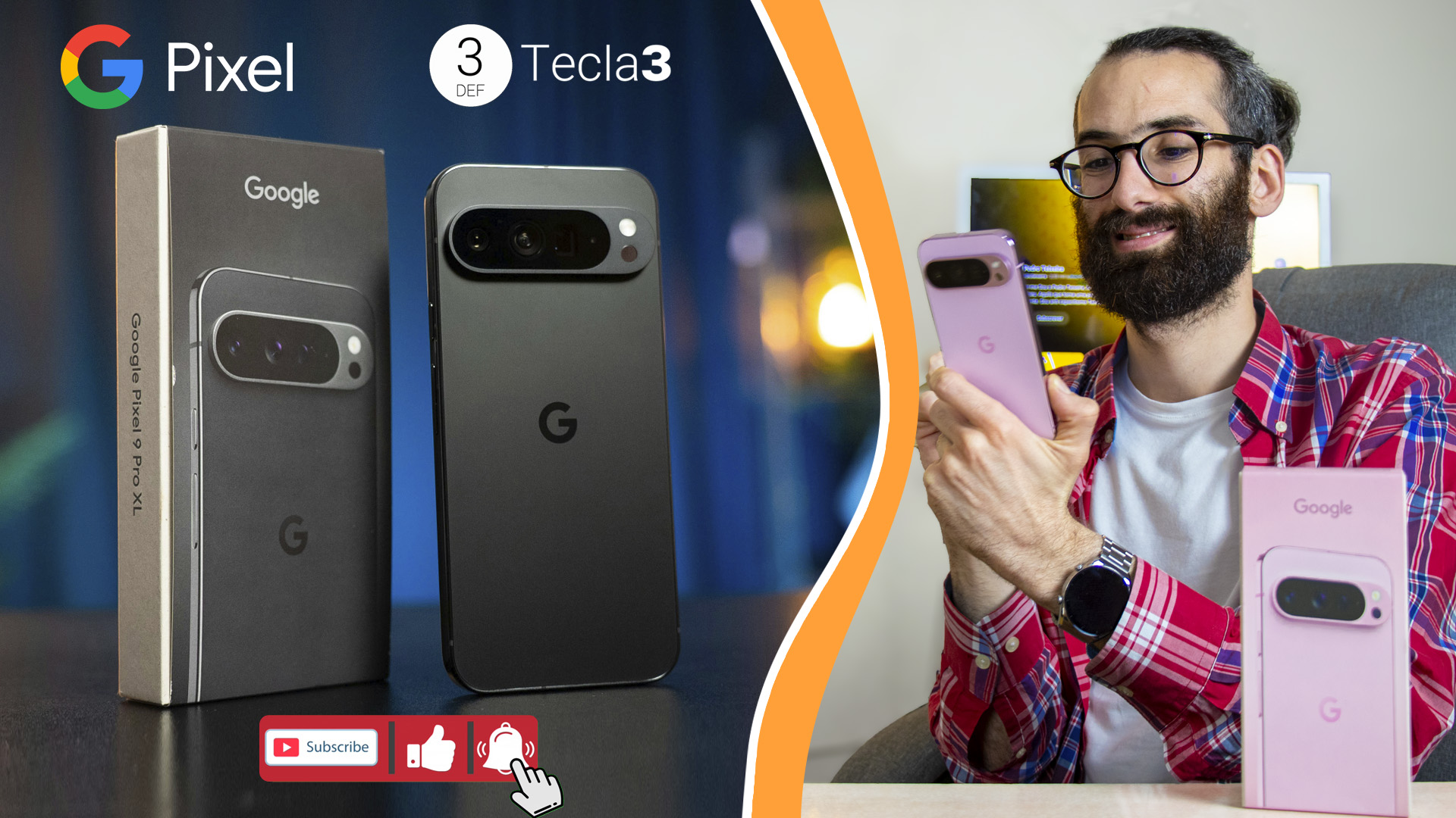 Pedro segura um Google Pixel 9 rosa com caixas e modelos expostos, destacando o Tecla3.