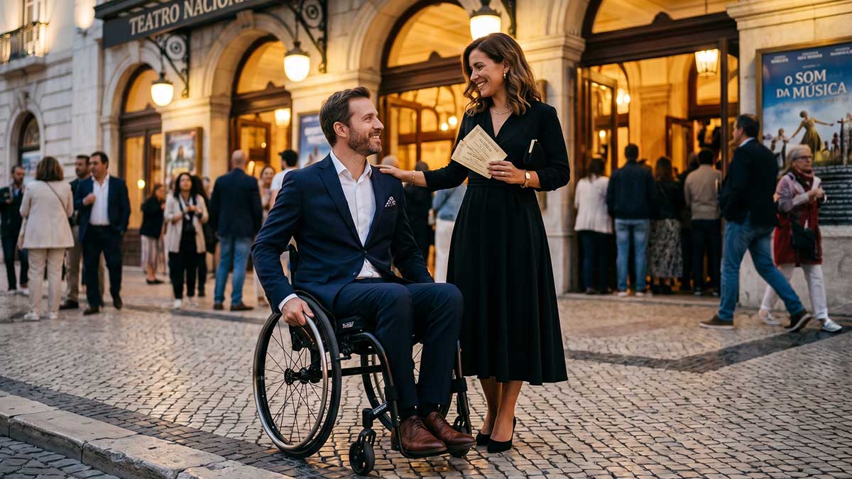 Fotografia de um homem e uma mulher sorridentes a interagir no exterior de um teatro, ao fim do dia. Em primeiro plano, do lado esquerdo, o homem está sentado numa cadeira de rodas manual de estrutura preta e encosto baixo. Veste um fato azul-escuro, camisa branca sem gravata e sapatos clássicos castanhos. Tem o cabelo curto e barba.